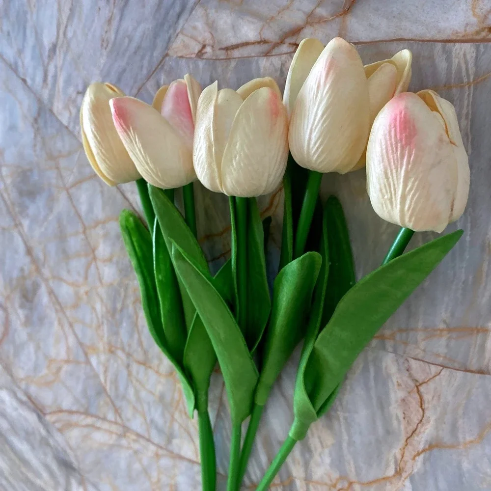 5 Piece Artificial Tulip Stems Cream Pink Faux Silk Flowers Spring Home Decor